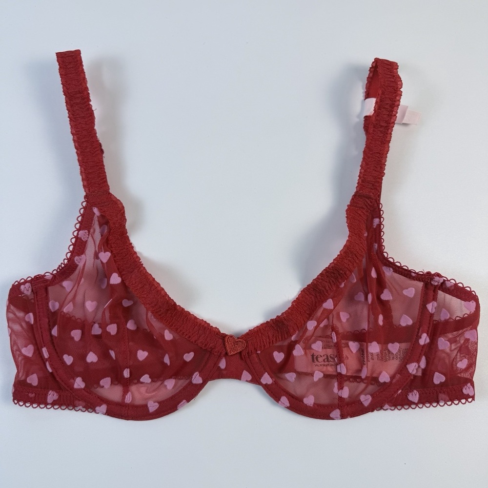 Victoria's Secret Tease Hearts Mesh Unlined Demi Bra Red White Hearts 34B NWT
